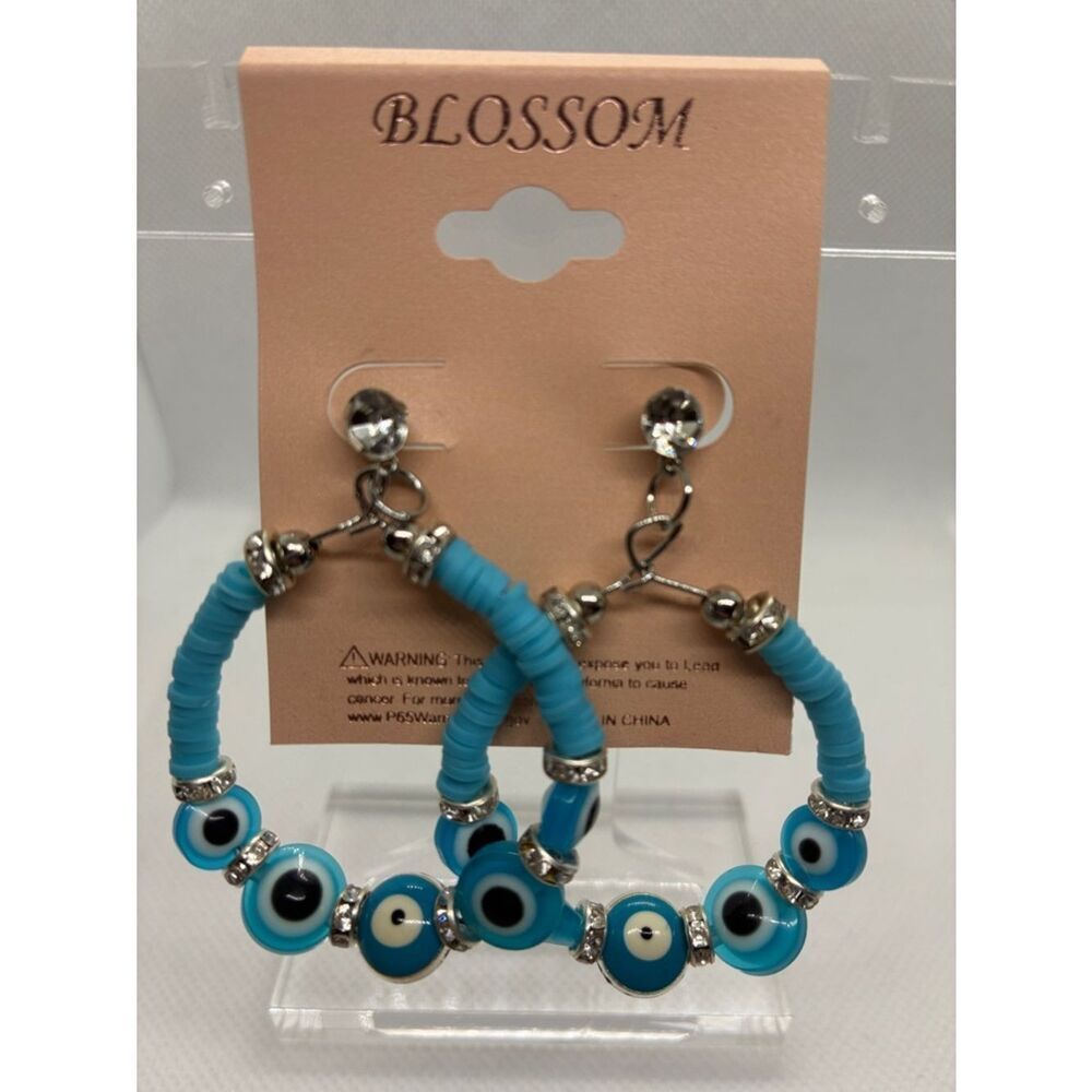 3for$20 Blossom Turquoise Evil Eye Hoop Earrings - Silver Accents